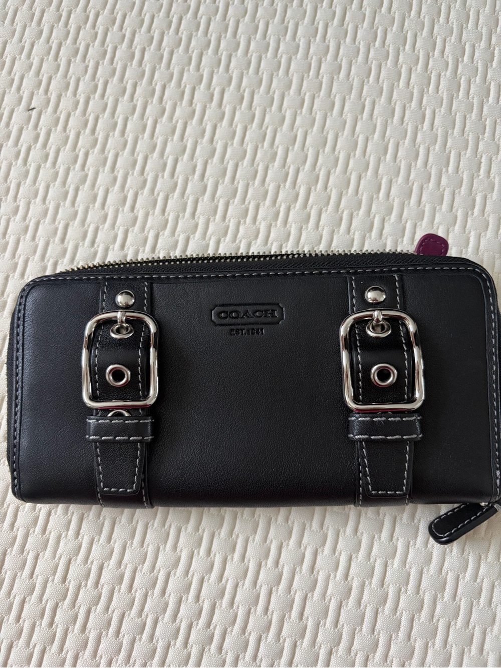 Coach Black Leather Zip Wallet with Silver Buckle Hardware